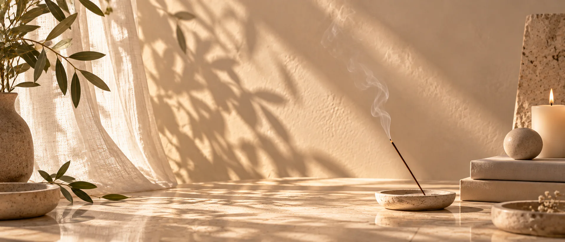 A stick of incense burning in a stone dish, a candle and a stack of books behind it.