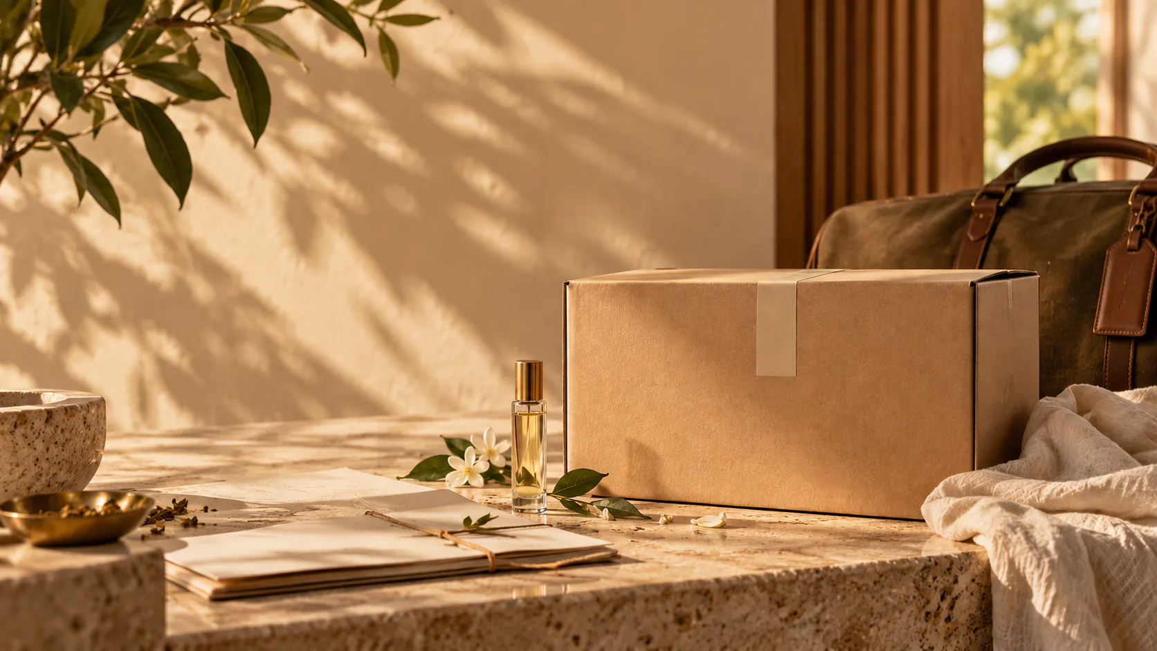 A sealed kraft box on a stone counter beside a small perfume bottle and a folded card.
