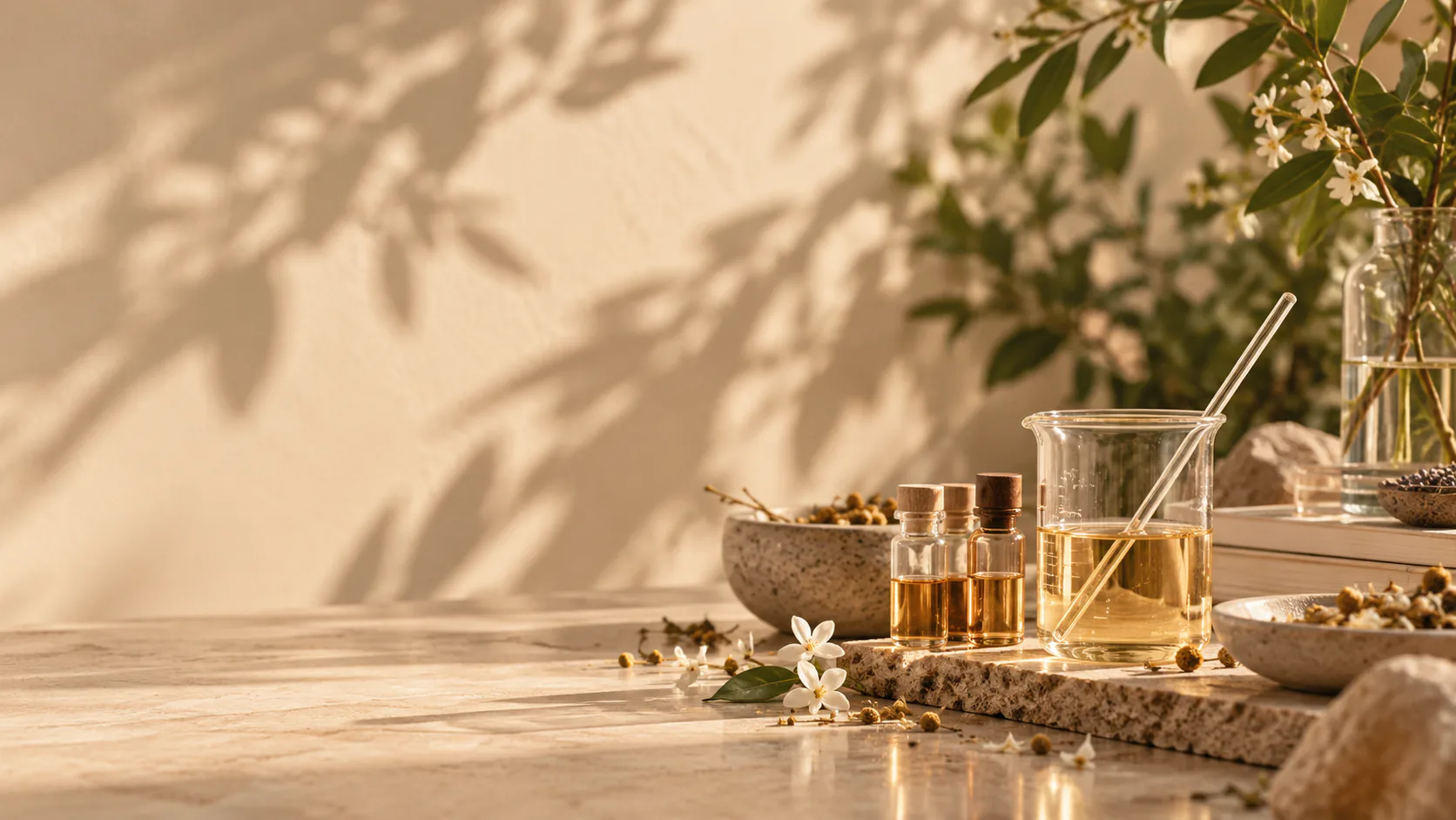 A beaker of golden oil with a glass rod, two amber vials and a bowl of dried botanicals.