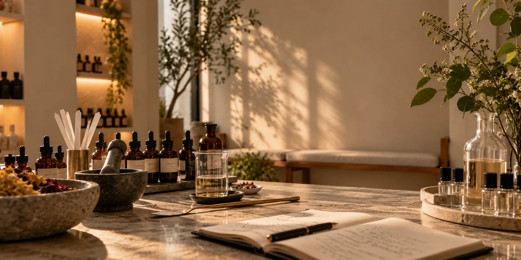 The blending bench in afternoon light — dropper bottles, a beaker of oil, a mortar and an open notebook, with the wall and its shelves behind.