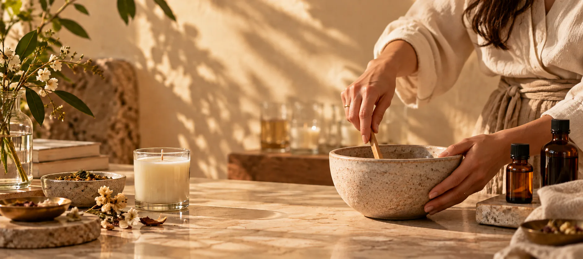 Hands stirring a stone bowl beside a lit candle, amber bottles and a spray of flowers.