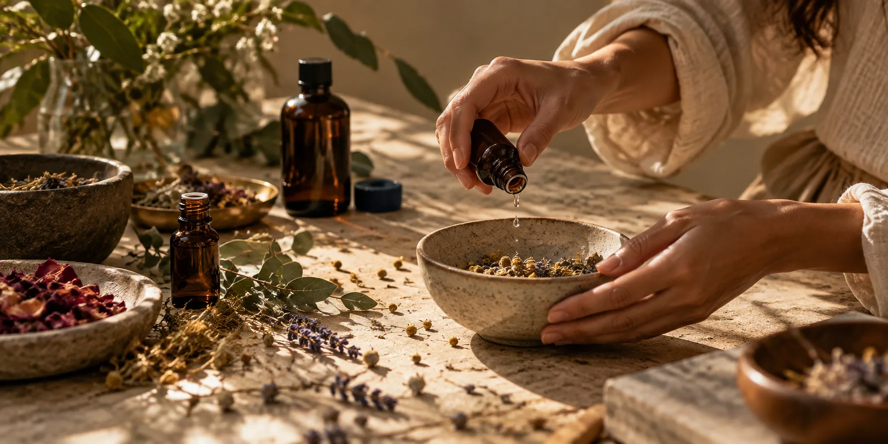 A drop of oil falling from an amber bottle into a bowl of dried botanicals, held steady by hand.