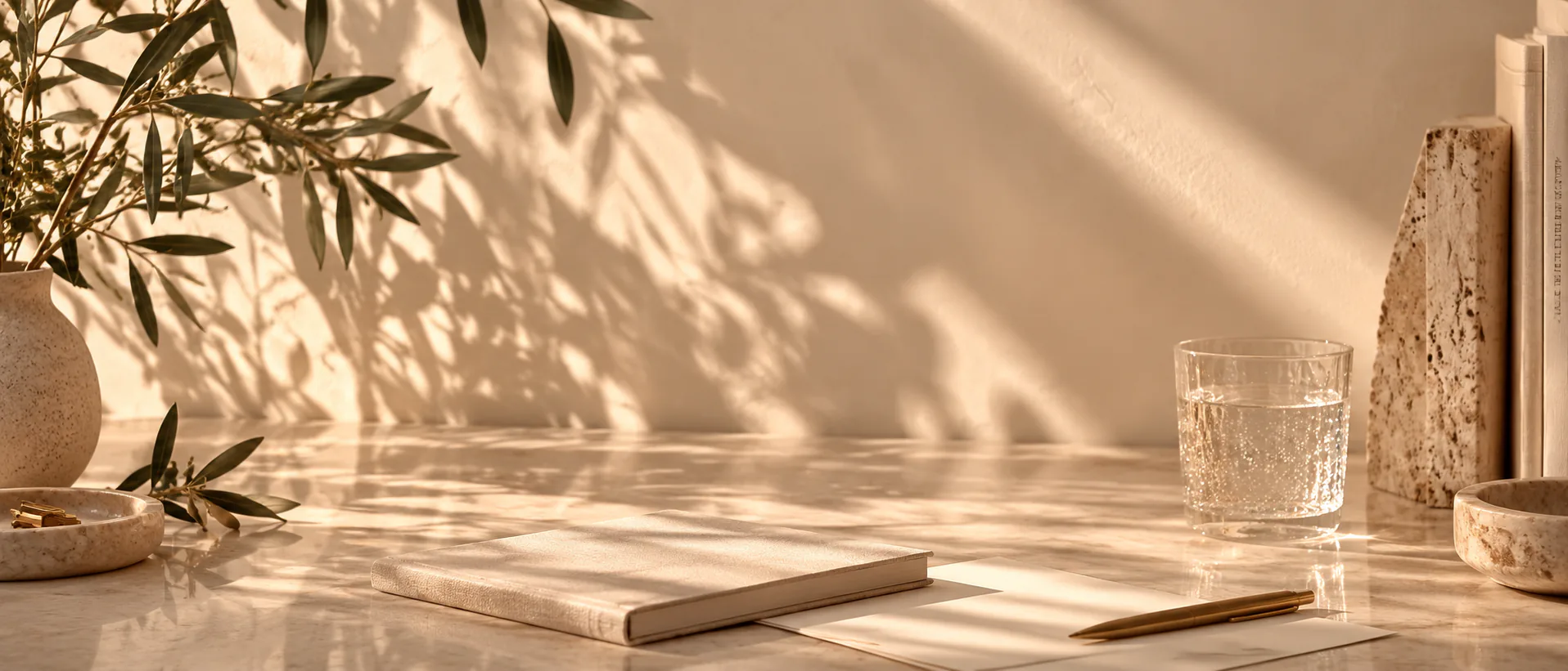 A closed notebook and a brass pen on a marble counter, a glass of water behind.