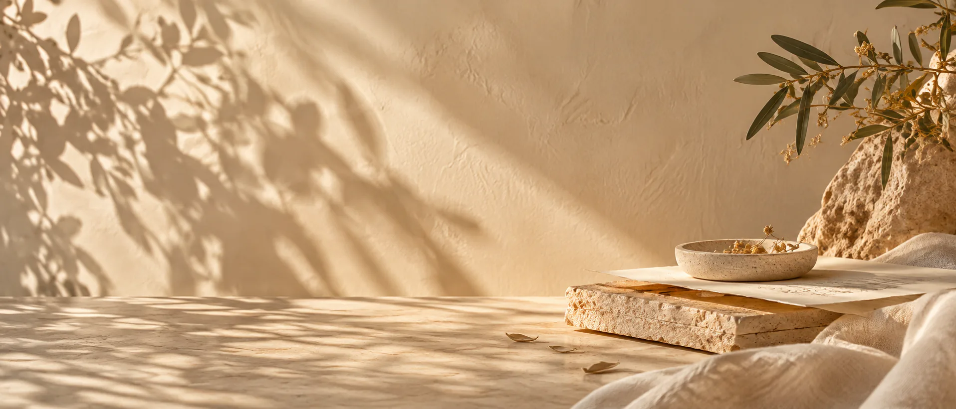 A stone bowl on a bound stack of paper, an olive branch above, on a sunlit counter.