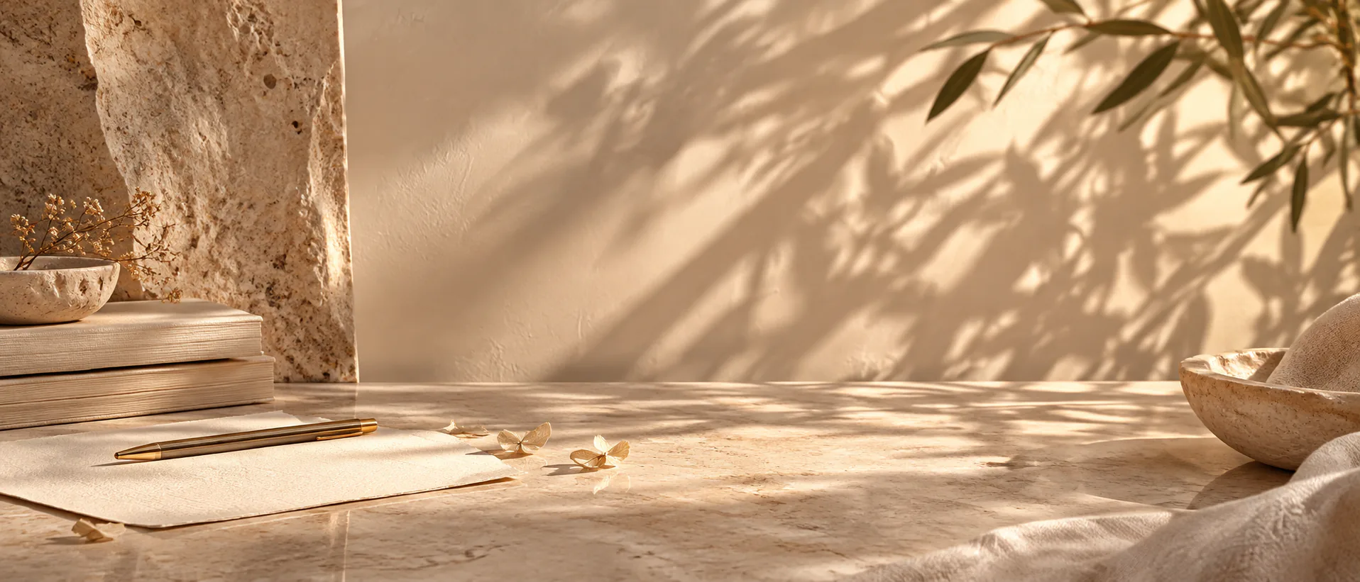 A brass pen on a sheet of paper, dried petals beside it, in afternoon light.